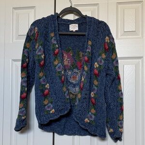 Floral Hand Knit Women's Sweater - Blue Multicolor Floral Susan Bristol VINTAGE